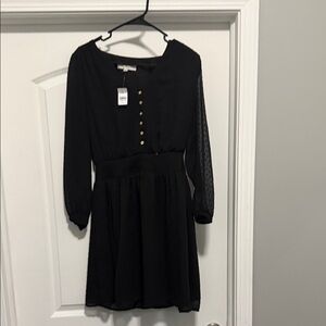 LOFT Black Long-Sleeve Button Front Waist Dress